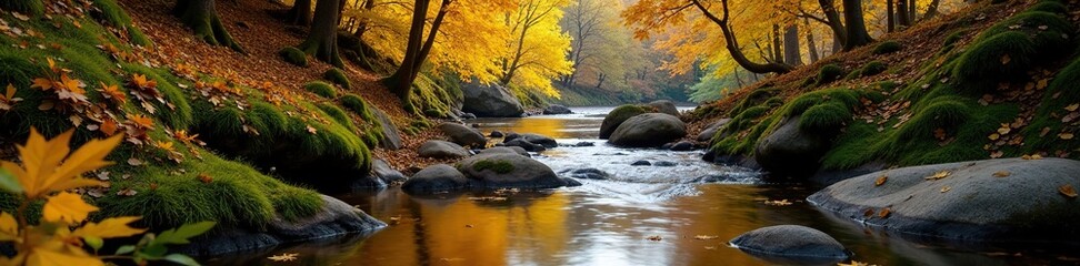 Golden aspen leaves cling to moss-covered rocks, reflecting in the clear creek water , calm, beautiful