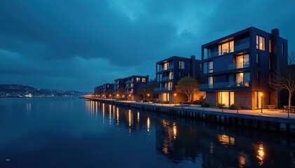 Glass facades of modern houses shine brightly against a dark waterfront , coastal, blue, light