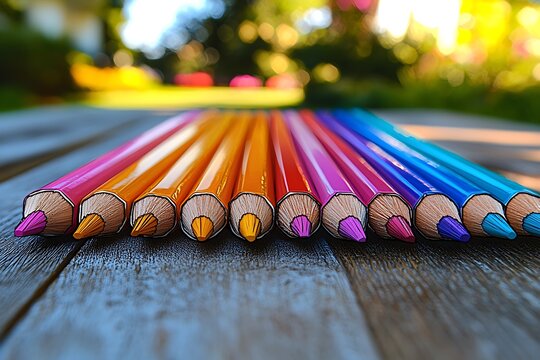 Colorful pencils outdoors on wood