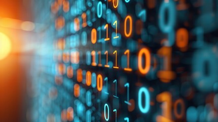 Obraz premium digital display of binary code in blue and orange hues, representing data and technology concepts. image conveys sense of modernity and innovation, with focus on information processing