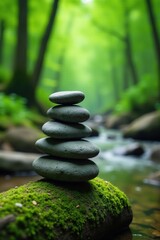 Gray river stones stacked on mossy log, lush green forest background, green, art