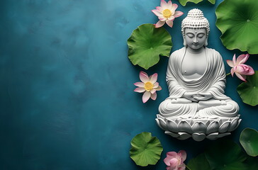 Buddha mindfulness concept. Buddha statue with a lotus flower against a blue background.