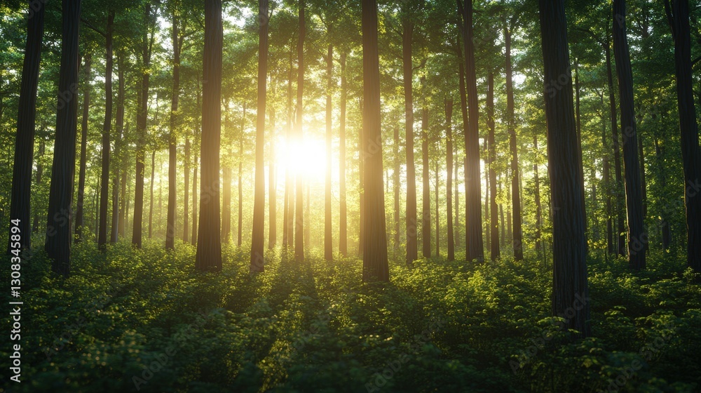 Poster serene forest scene with sunlight filtering through the trees creating a tranquil atmosphere of natu