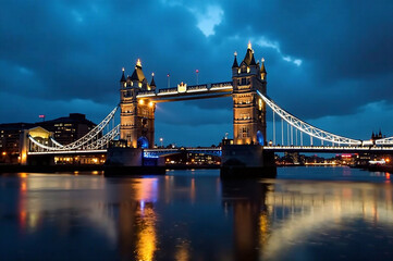Obraz premium A breathtaking long exposure photo of London Bridge at dawn, a cold December morning. Deep blue hues of the sky, vibrant morning light reflecting on the Thames, and a crisp, detailed cityscape. Focu