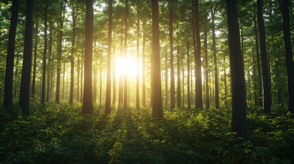 Serene forest scene with sunlight filtering through the trees creating a tranquil atmosphere of natural beauty and sustainability