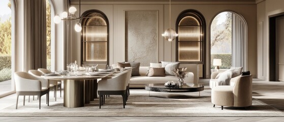 Beige Dining Room with Arch Windows and Garden View