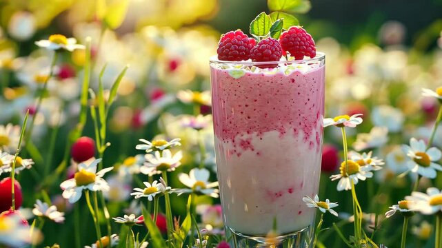 Refreshing raspberry parfait served amidst blooming wildflowers during late afternoon sunlight