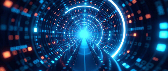 Obraz premium Abstract digital tunnel with glowing binary codes and blue light effects, perfect for tech themes. Focus on depth, mood, vibrant lighting and atmosphere. Style should be sleek and futuristic. High 