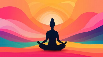 silhouette of person meditating is set against vibrant, colorful abstract background with flowing waves and radiant sun. scene evokes sense of peace and tranquility