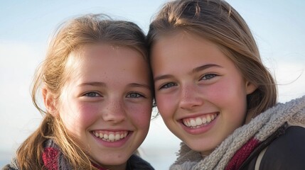 Obraz premium Two young women share a warm smile, radiating joy and connection. 