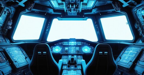Futuristic spaceship cockpit row of blank holographic displays glowing faintly residual light control panel