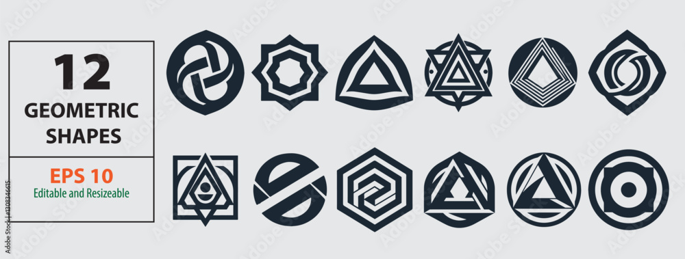 Poster set of twelve unique abstract geometric vector shape designs.