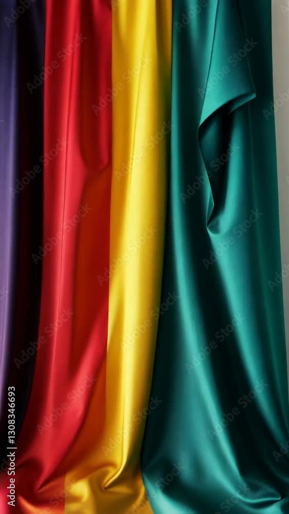 Poster A colorful piece of fabric is hanging on a wall. The fabric is multicolored and has a striped pattern