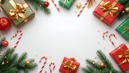 Festive Christmas Gifts And Candy Canes Forming A Joyful Holiday Frame Against A Bright Isolated on Transparent Background With Sparkling Golden Accents
