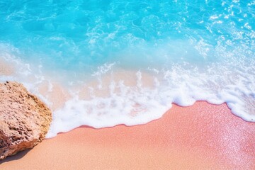 Obraz premium Tranquil Beach Scene - Serene turquoise water gently lapping on a soft pink sandy beach. A single rock rests near the shore