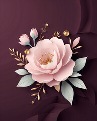 Beautiful Soft Pink Peony and Rose Flower Art with Dark Matte Maroon Background for Greeting Card Designs Floral Botanical invitation or Wallpaper Design