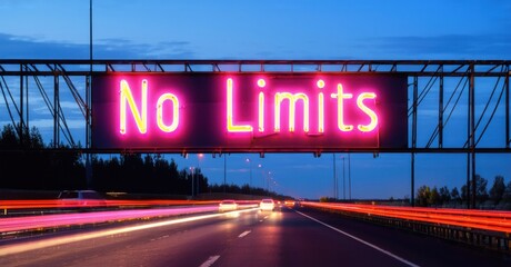 Neon sign no limits vibrant magenta yellow mounted metal structure highway glowing night blurred car lights rushing past