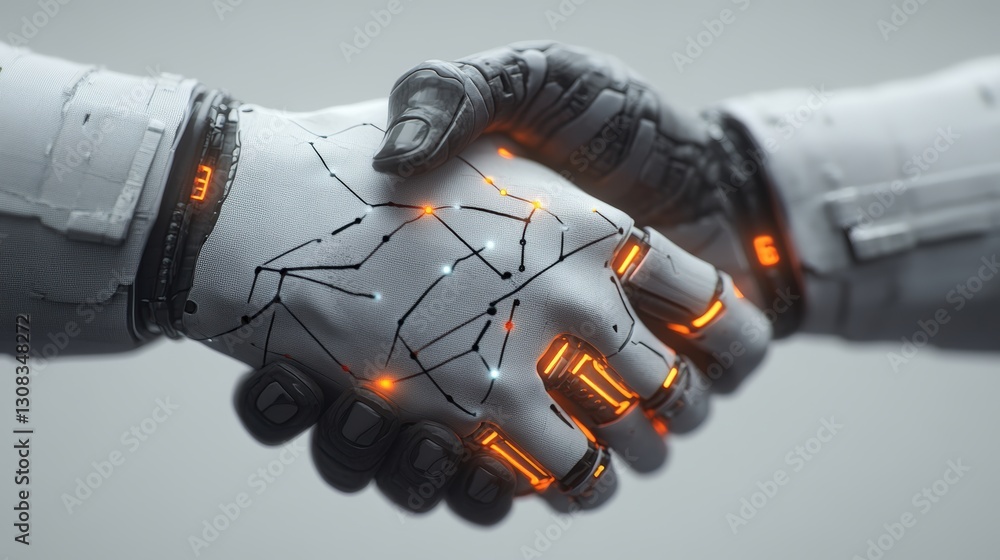 Poster futuristic robot hand with glowing fingers signifying advanced technology and human-robot interactio