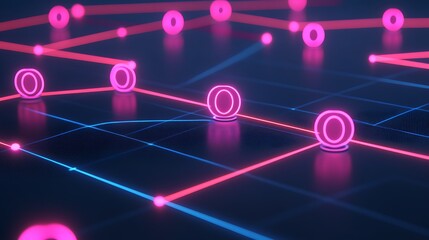 Abstract neon network connections background with glowing circles design