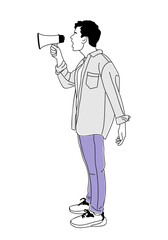 Business man shouting by megaphone, loudspeaker, making announcement. Advertising, marketing business concept. Vector simple outline drawing for graphic, web design Isolated