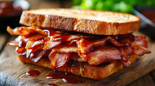 Bacon butty sandwich with butter and steak sauce on bread