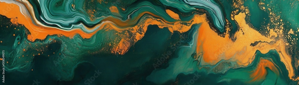 Poster a vibrant close-up of an abstract painting featuring swirling green and orange liquid textures, show