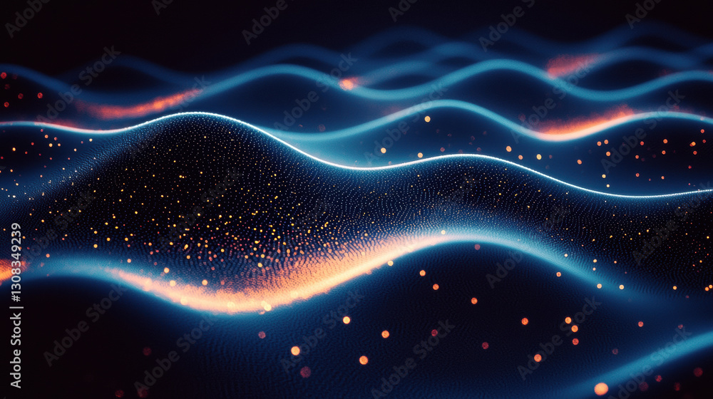 Poster abstract waves with glowing particles create mesmerizing visual effect, showcasing blend of blue and