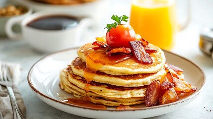 Bacon hash browns and pancakes served with cooffee and orange juice