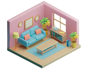 3D miniature living room with a blue couch wooden floor and pink walls