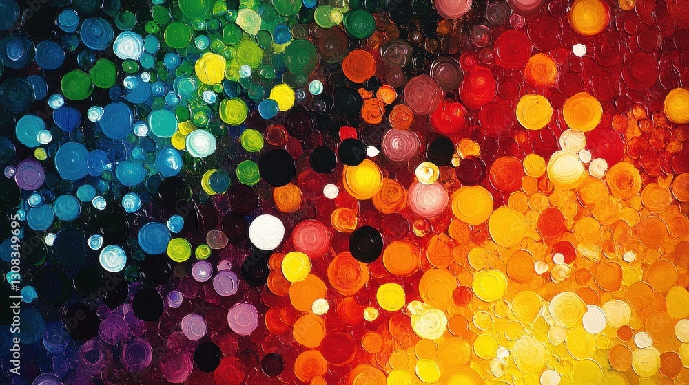 Poster a vibrant close-up of a painting featuring an array of colorful circles in various sizes, showcasing