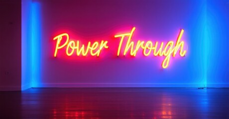 Obraz premium Neon sign power electric blue warm crimson floating inside high performance training facility casting reflections sleek gym floors