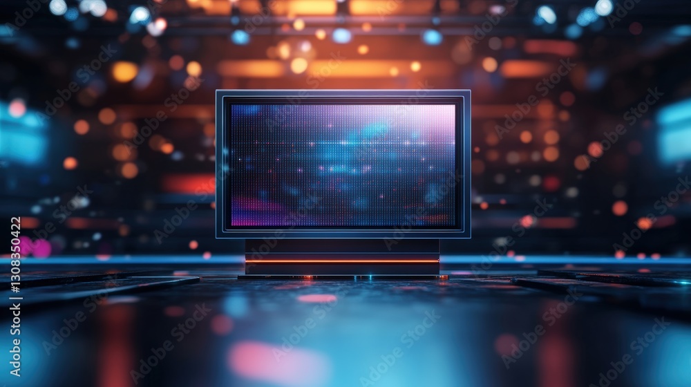 Poster computer screen capturing high-tech data visualization in a contemporary television studio environme