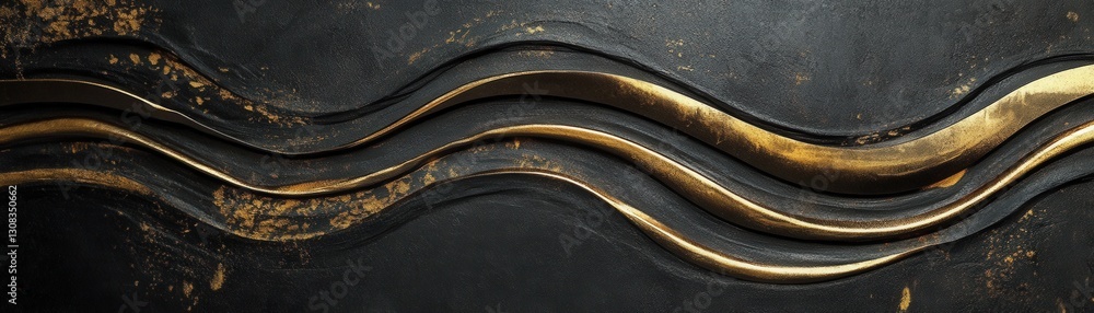 Poster a close-up view of a textured metal surface featuring an elegant gold wave design that gracefully un