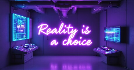 Neon sign reality is choice deep violet pastel cyan floating inside high tech vr simulation room softly illuminating futuristic control panels
