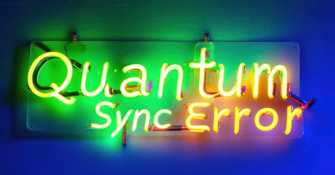 Neon sign quantum sync error luminous amber cool emerald hovering inside surreal dreamlike landscape of shifting blocks