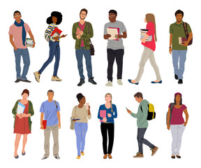 Obraz premium Group of multiracial and multicultural students. Young girls and boys holding books, folders standing and walking to college, university. Vector realistic illustration isolated