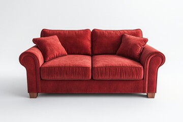 Fototapeta premium A Red Two Person Sofa With Pillows on White Background