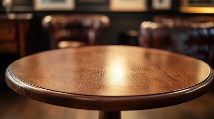 Obraz premium Wooden table with clean surface, warm ambiance, abstract blurred background, soft overhead light. Minimalist elegance in a cozy setting. 