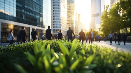 Diverse group of people walking together in a bustling city street representing a sustainable urban lifestyle