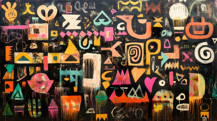 Obraz premium wall with a variety of spray-painted symbols, patterns, and abstract designs forming an urban masterpiece 
