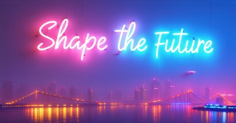 Neon sign shape future electric blue warm magenta floating utopian city softly illuminating airships sky bridges