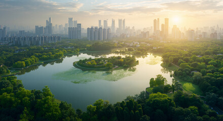 Fototapeta premium wide aerial view of the city skyline