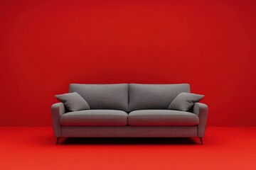 A modern grey fabric sofa with cushions against a red background