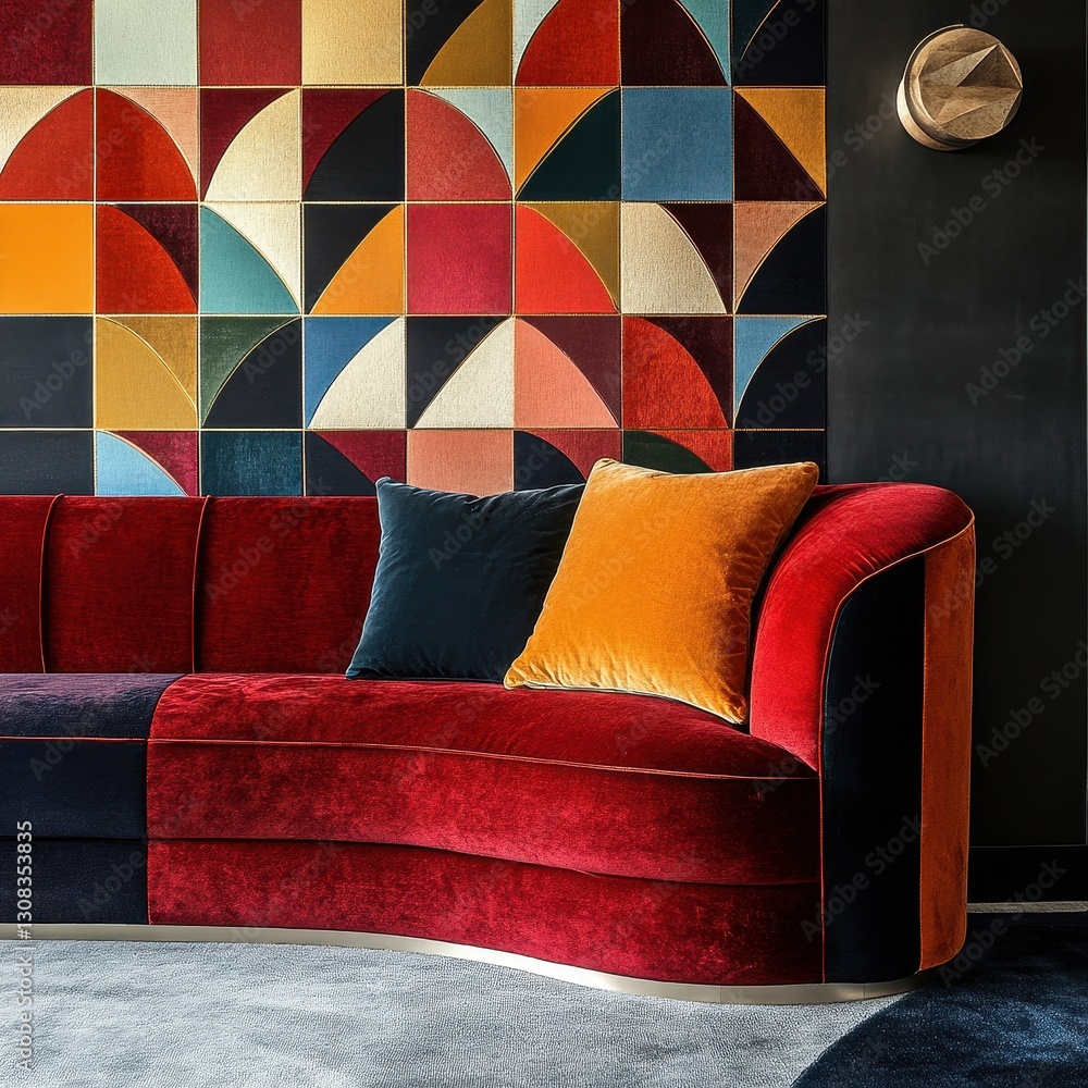 Poster a close-up view of a plush couch adorned with vibrant throw pillows, set against a strikingly colorf