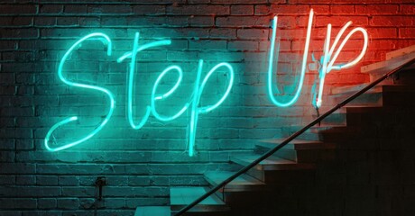 Neon sign step teal fiery crimson mounted staircase inside trendy industrial loft glowing exposed brick walls