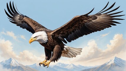 Fototapeta premium Powerful eagle in flight with outstretched wings against a blue sky and mountain backdrop