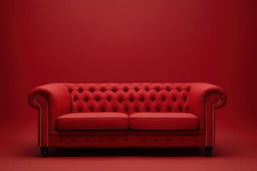 Fototapeta premium A plush red tufted sofa stands in front of a red wall