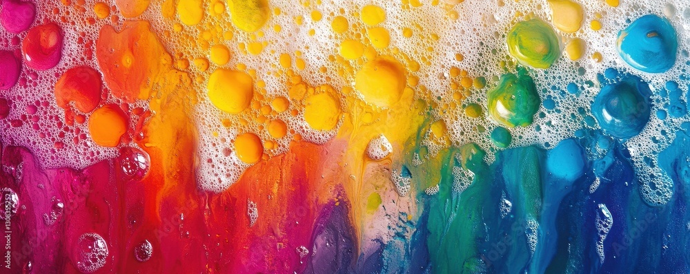 Poster a vibrant close-up of an abstract painting featuring a kaleidoscope of colors, with glossy bubbles r