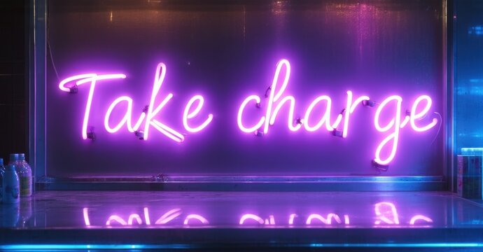 Naklejki Neon sign take charge bright violet cyber blue glowing futuristic street market softly reflecting glass vendor stalls