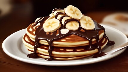 Banana on waffle and pancake with almond topping and chocolate sauce